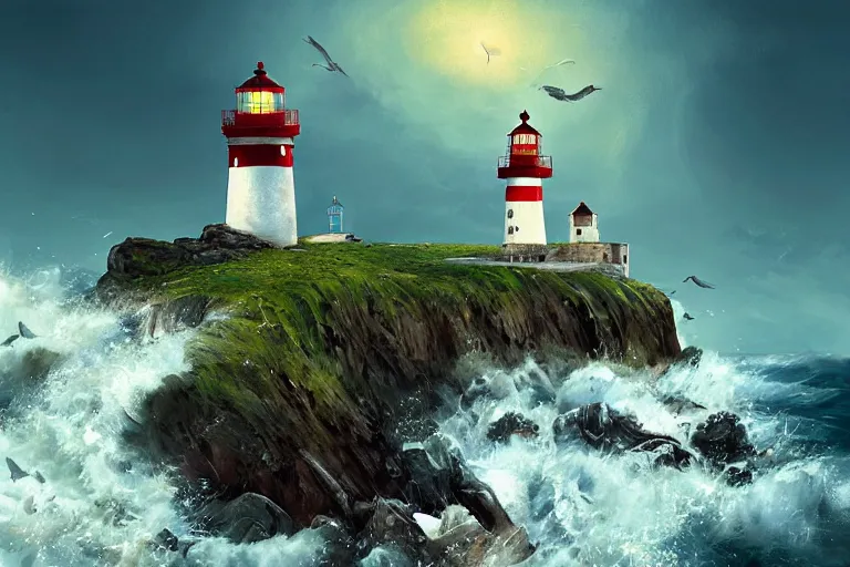 Prompt: a painting of a lighthouse built on seashore rocky cliff with waves crashing into the rocks and sea birds flying on a starry night, in the style of ray caesar, digital art