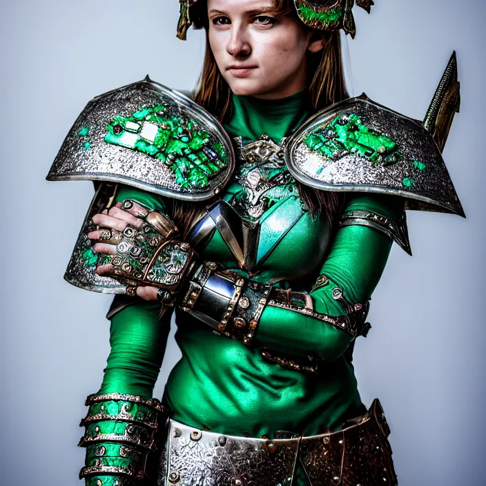 Image similar to photo of a cute beautiful warrior queen wearing emerald encrusted armour, highly detailed, 4 k, hdr, smooth, sharp focus, high resolution, award - winning photo