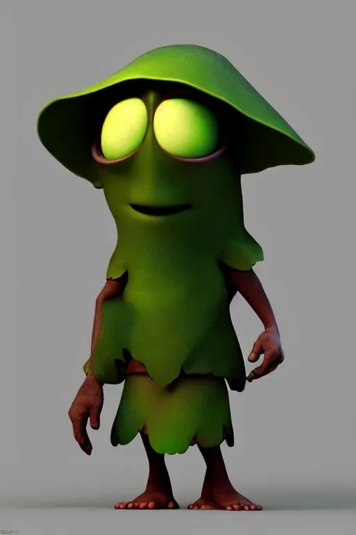 Image similar to A cute shaman from a Pixar movie with no nose, glowing eyes and a very long hooded dark green cloak of leaves, 3D render, stylized, Cycles Render