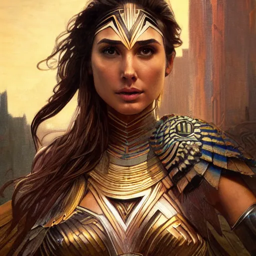 Image similar to gal gadot as totem aztek tribal , intricate, elegant, sharp focus, illustration, highly detailed, digital painting, concept art, matte, art by WLOP and Artgerm and Greg Rutkowski and Alphonse Mucha, masterpiece