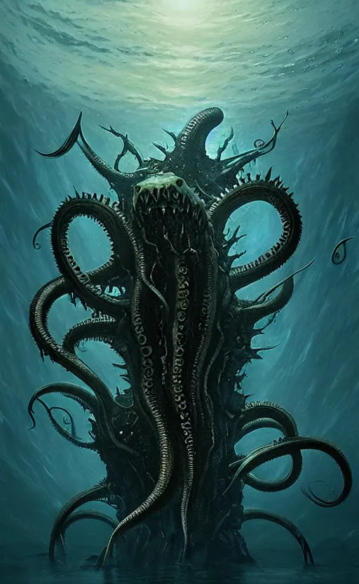 Prompt: dark horror, aquatic creature, sea monster, tentacles, ocean depth, thalassophobia, by greg rutkowski, by giger, by maxim verehin