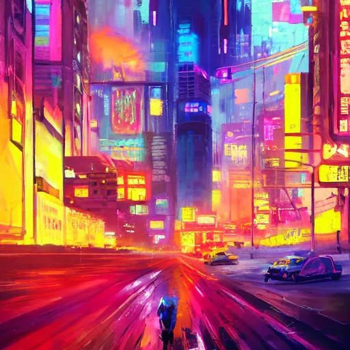 Image similar to acrylic painting, impressionism and expressionism, strong emotional impact, bold pastel colors, expressive brushstrokes, overall sense of movement in the composition. an art deco cyberpunk streetscape lined with beautiful flowers, by liam wong and tyler edlin, trending on artstation