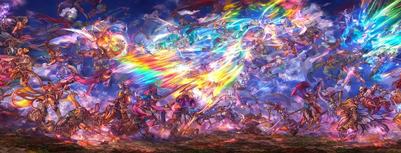 Image similar to rainbow souls fighting on a battlefield with spirit power flying around. hyperrealistic anime background illustration by kim jung gi, colorful, extremely detailed intricate linework, smooth, super sharp focus, bright colors, high contrast, matte, octopath traveler, unreal engine 5 highly rendered, global illumination, radiant light