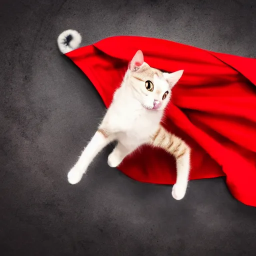 Image similar to cat with a red cape flying through the sky in a superman pose