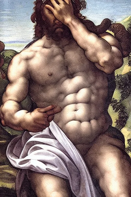 Prompt: michelangelo painting of jesus christ with blindfold!!!!!! holding cornucopia!!!!!!