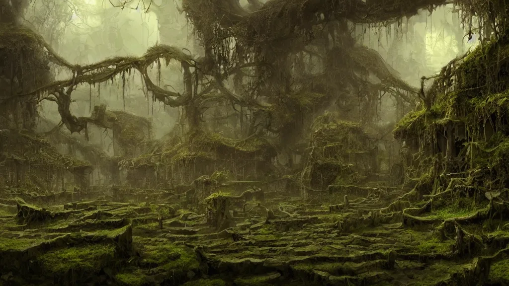 Prompt: dense village, moss, ivory, vines, extreme darkness, desaturated, Tristram, by Brad Rigney, cgsociety,