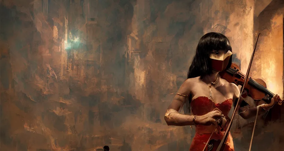 Prompt: craig mullins and ghibli digital art of masked female violinist, she wears a strong exotic costumes, gold jewelry, black hair, inside the theater, many audience, solo performance on stage unreal engine, hyper realism, realistic shading, cinematic composition, realistic render, octane render, detailed textures, photorealistic, wide shot