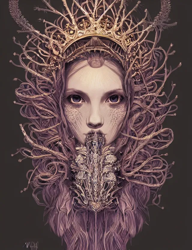 Image similar to symmetrical, centered, goddess close-up portrait wigh crown made of skulls. phoenix betta fish, phoenix, bioluminiscent creature, super intricate ornaments artwork by Tooth Wu and wlop and alena aenami and greg rutkowski