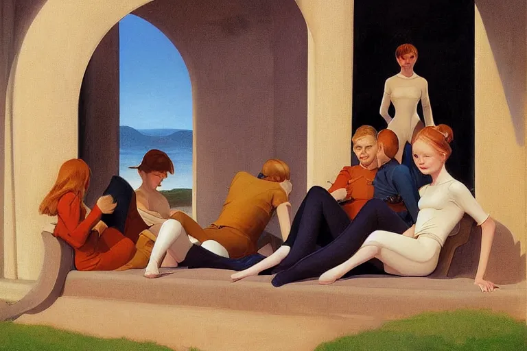 Image similar to beautiful painting of friends, beautiful faces, sitting on the edge, cute, soft light, digital painting by ralph mcquarrie and walter crane