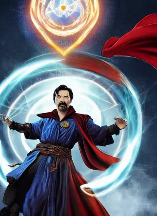 Image similar to dr. strange casting a shield spell in the metaverse with a shiba inu samurai at his feet, hyper realistic, highly detailed, perfect face, smooth, focus