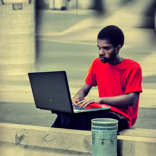 Prompt: a bum using laptop near trashcans, highly detailed, intricate, sharp focus, digital art, 8 k