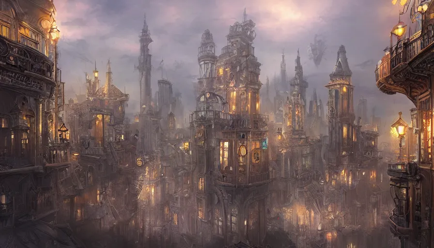 Image similar to matte painting of a beautiful steampunk city, digital art, trending on artstation