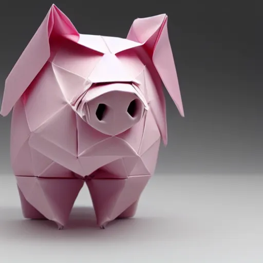 Image similar to origami pig in pink paper, 3 d render, ultra detailed, on white background, studio shot