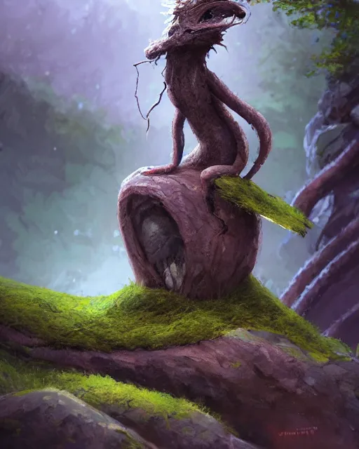 Prompt: concept art of a rock creature, wearing tight clothes made of moss and vines, sitting on a log near a river in a thick aspen forest | | cute - fine - fine details by stanley artgerm lau, wlop, rossdraws, and sakimichan, trending on artstation, brush strokes