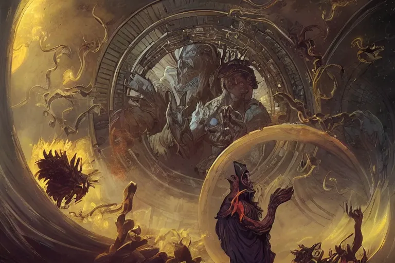 Prompt: wizards conjuring a bitcoin through a circular portal, by greg rutkowski and frank frazetta and peter mohrbacher and william blake and dan mumford