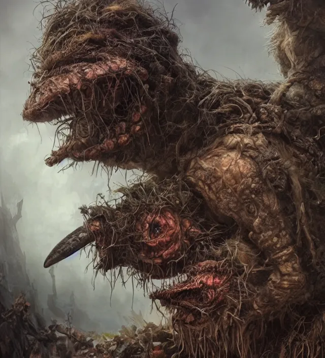 Image similar to hyper realistic portrait of postapocalyptic muppet monster goblin, cinematic, symmetric, dark crystal, artstation, cgsociety, alan lee, brian froud, jean baptiste monge, scott radke