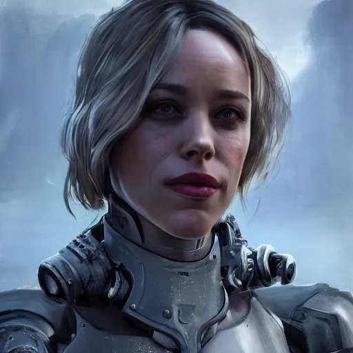 Image similar to rachel mcadams portrait, dystopia core, apocalyptic, armor, warrior, dramatic, sharp focus, fiction, neon, fantasy, hyper detailed, digital art, trending in artstation, cinematic lighting, studio quality, smooth render, unreal engine 5 rendered, octane rendered, art style and nixeu and wlop and krenz cushart