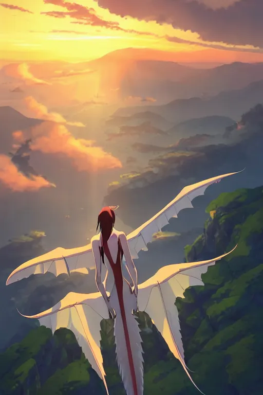 Image similar to a large smooth skinned white creature hybrid pterosaur, small quills along it's back, long fangs, sitting on a cliff high in the sky, sunset, backlit, beautiful composition, by makoto shinkai an krenz cushart