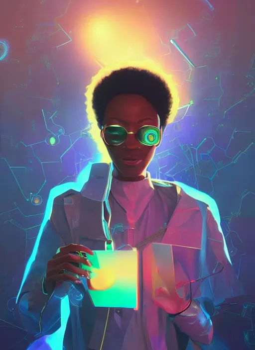 Prompt: afro - futurist scientist, computers and holograms, hacking the metaverse | hyperrealistic oil painting | by makoto shinkai, ilya kuvshinov, lois van baarle, rossdraws, basquiat | afrofuturism, in the style of hearthstone, trending on artstation | dark color scheme