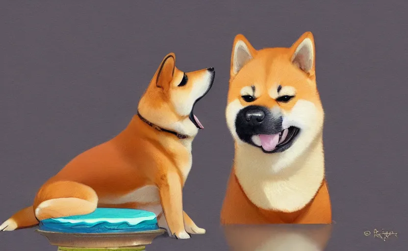 Image similar to a painting of a shiba and a birthday cake trending on artstation in the style of greg rutkowski