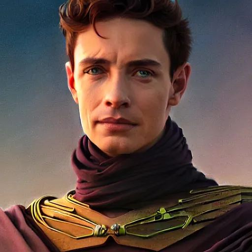 Image similar to a portrait of paul atreides from dune cinematic lighting, photorealistic, octane render, 8 k, depth of field, 3 d, art by artgerm and greg rutkowski and alphonse mucha and uang guangjian and gil elvgren and sachin ten