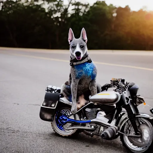 Image similar to blue heeler dog on a motorcycle, 8 k photography, blurred background of a wafflehouse