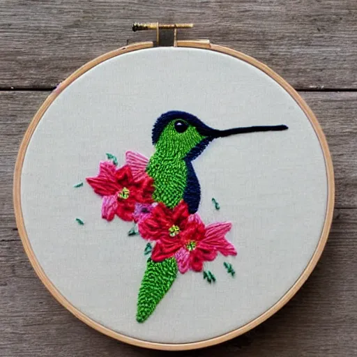 Prompt: hummingbird embroidery,