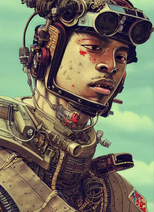 Prompt: a beautiful ukiyo painting of travis scott as a dieselpunk battle space pilot, wearing space techwear, detailed close up portrait, intricate complexity, concept art, by takato yamamoto, wlop, krenz cushart. cinematic dramatic atmosphere, sharp focus