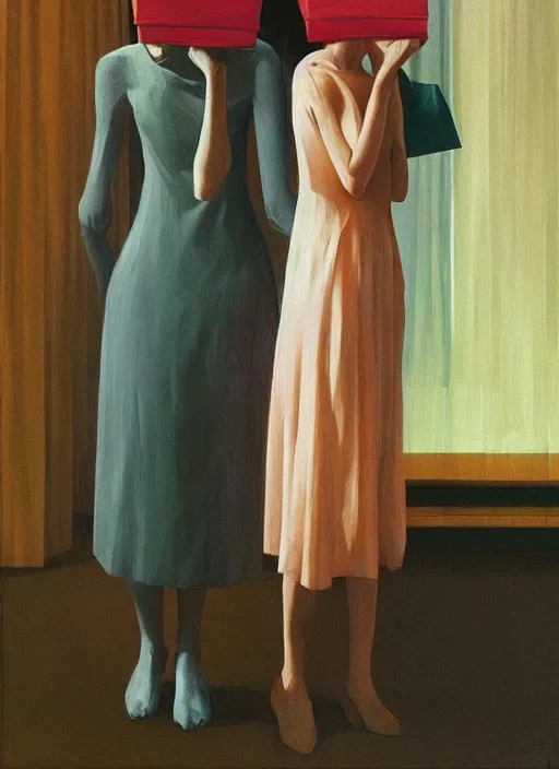 Image similar to two women hugging paper bag over the head translucent dress made of plastic bags Edward Hopper and James Gilleard, Zdzislaw Beksinski, highly detailed