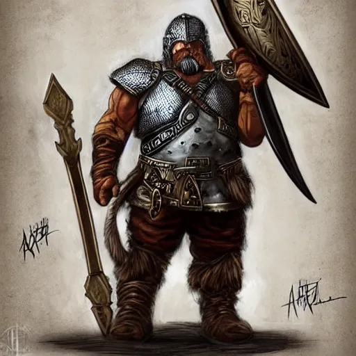 Image similar to dwarf fighter wearing chainmail armor holding a large warhammer drawn by artgerm