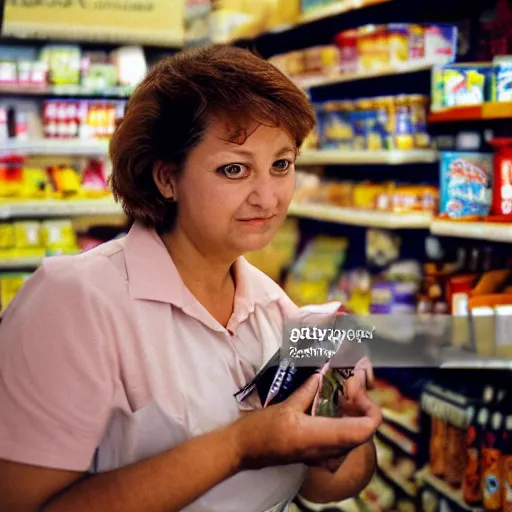 Image similar to a middle - aged woman working as a cashier at a dingy convenience store, award - winning photography, 1 9 9 0