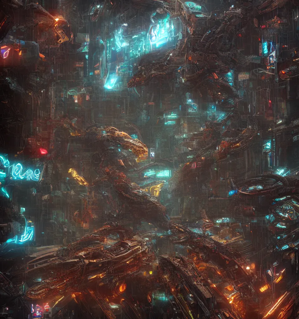 Image similar to large cyberpunk Quetzalcoatl  the feathered serpent deity, cinematic, highly detailed, octane render, cg, rich cinematic atmosphere, perfect digital art, mystical journey in strange world, robotic, circuits, Mystical, cyberpunk, sci-fi, surreal, glowing lights, sharp focus, high detailed, by Greg Rutkowski, Gary Houston, Stephan Martiniere