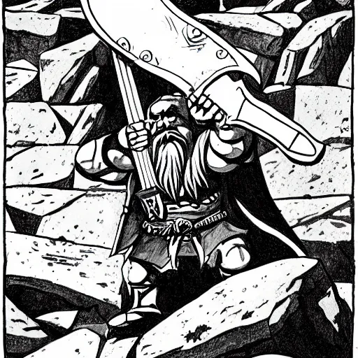 Image similar to line drawing of a fantasy dwarf fighter with a huge iron axe, sunny day, matte painting, bold shapes, hard edges, 7 0 s dungeons and dragons book cover art by greg irons, dave sutherland