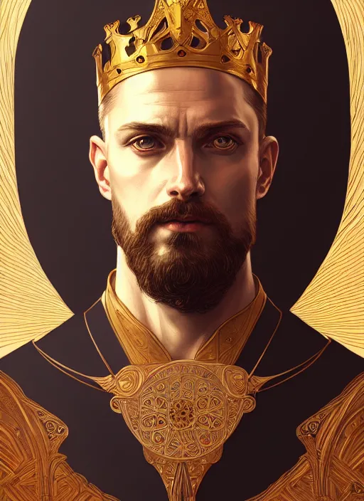 Image similar to symmetry!! portrait of king arthur, intricate, elegant, highly detailed, digital painting, artstation, concept art, smooth, sharp focus, illustration, art by artgerm and greg rutkowski and alphonse mucha, 8 k