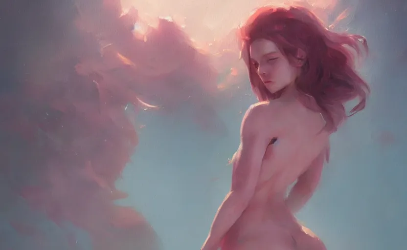 Prompt: a painting of little alice trending on artstation in the style of greg rutkowski, beautiful, female, sensual, natural skin, curvy build, natural sensuality, pink, blue