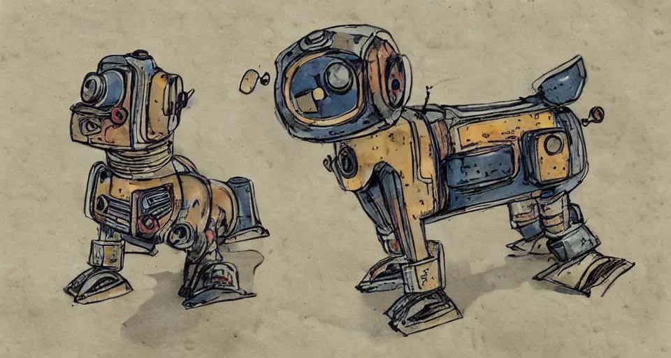 Prompt: a cute retro robot dog. alcohol inks on parchment, muted colors, detailed, textured parchment background, 1 9 5 0 s concept art