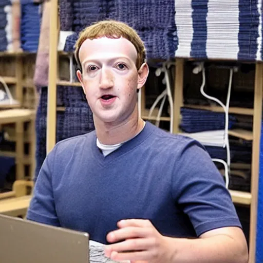 Prompt: mark zuckerberg working in sweatshop