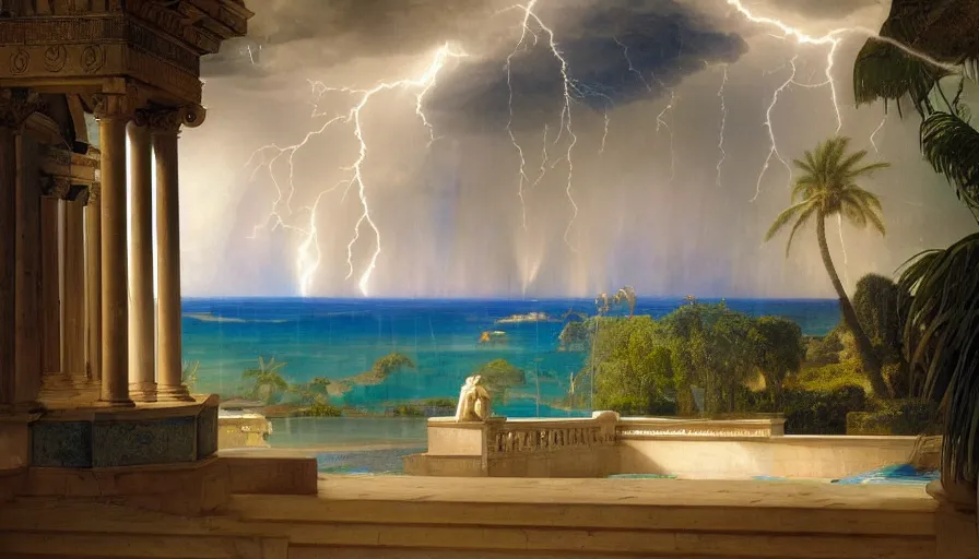 Image similar to From Inside the giant Palace, mediterranean balustrade and columns, refracted line and sparkles, thunderstorm, greek pool, beach and Tropical vegetation on the background major arcana sky and occult symbols, by paul delaroche, hyperrealistic 4k uhd, award-winning, very detailed paradise