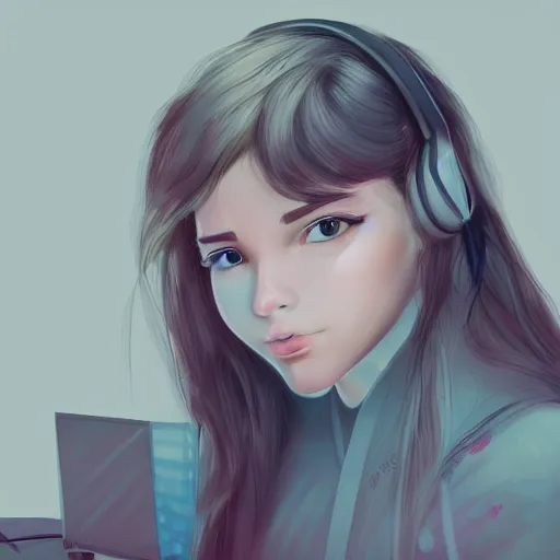 Prompt: girl in pyjamas working on computer, tired bags around eyes, digital art, drawing, artstation