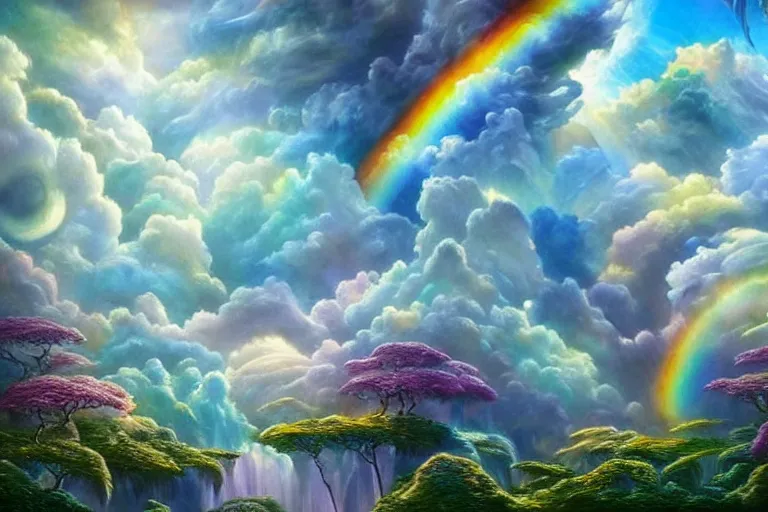 Prompt: a huge ultra detailed flock of many smooth puffy sculptural whirling elegant clouds with turning gemstone crystal sculptures, art nouveau jungle environment, soothing, crepuscular rays, rainbows, award winning art, epic dreamlike fantasy landscape, ultra realistic,