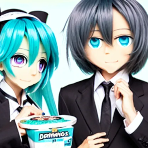 Image similar to hatsune miku and a businessman share domino's pizza