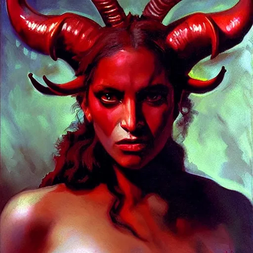 Prompt: painted portrait of a red - skinned intimidating demon girl with ram horns. oil painting, fantasy art by greg retkowski and john singer sargent, demon noble character design
