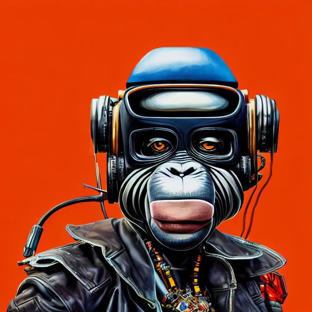 Prompt: a portrait of an anthropomorphic cyberpunk chimp in a motorcycle helmet by sandra chevrier, detailed render, tape deck, boombox, headphones, epic composition, cybernetics, 4 k realistic, cryengine, realistic shaded lighting, sharp focus, masterpiece, by matteo scalera, gary montalbano, peter elson in the style of the tokyo ghost comic