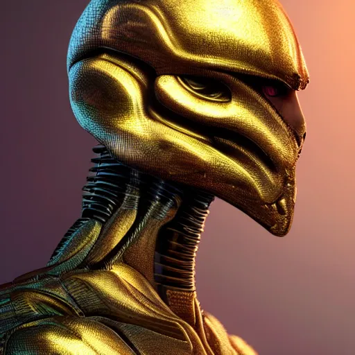 Prompt: sophisticated portrait of glowing, warm, atmospheric, misty, leds, futuristic cybernetic warrior alien in profile, highly intricate, detailed humanoid, trending on artstation