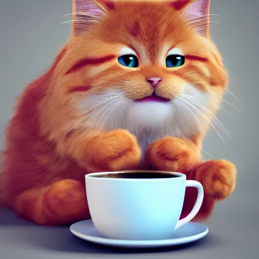 Prompt: cute fluffy fat ginger cat drinking coffee from a bowl, digital art, octane render, artstation, 4k, ultra detailed, hyper realistic