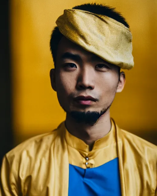 Image similar to gold, blue, photo of an asian male, 8 5 mm f 1. 8