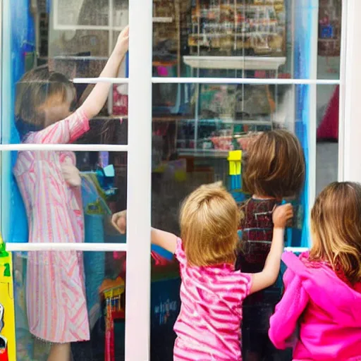 Image similar to kids peeking through a toy store's window from outside, painting