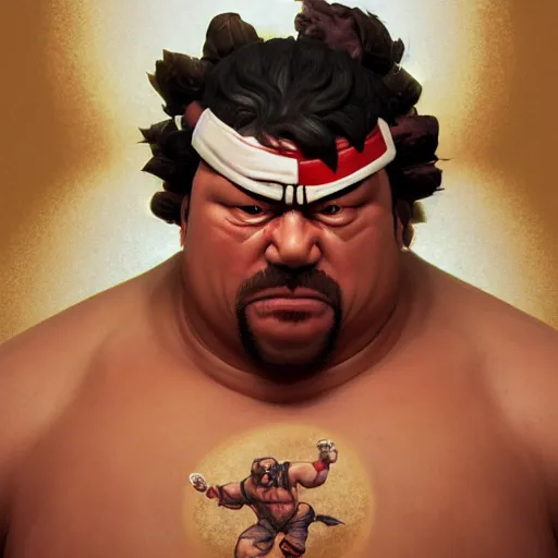 Image similar to danny mcbride as e. honda street fighter, sumo wrestler, full body, face detail, ultra realistic, concept art, intricate details, highly detailed, photorealistic, octane render, 8 k, unreal engine, art by frank frazetta, simon bisley, brom