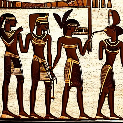 Image similar to a fragment of ancient egyptian hierographic panel of people using a computer, using a computer in ancient egypti art style, of folks using a computer