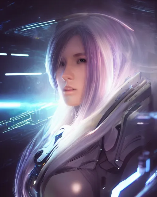 Image similar to photo of a android girl on a mothership, warframe armor, beautiful face, scifi, nebula, futuristic background, galaxy raytracing, dreamy, focused, sparks of light, pure, long white hair, blue cyborg eyes, glowing, 8 k high definition, insanely detailed, intricate, innocent, art by akihiko yoshida, antilous chao, woo kim